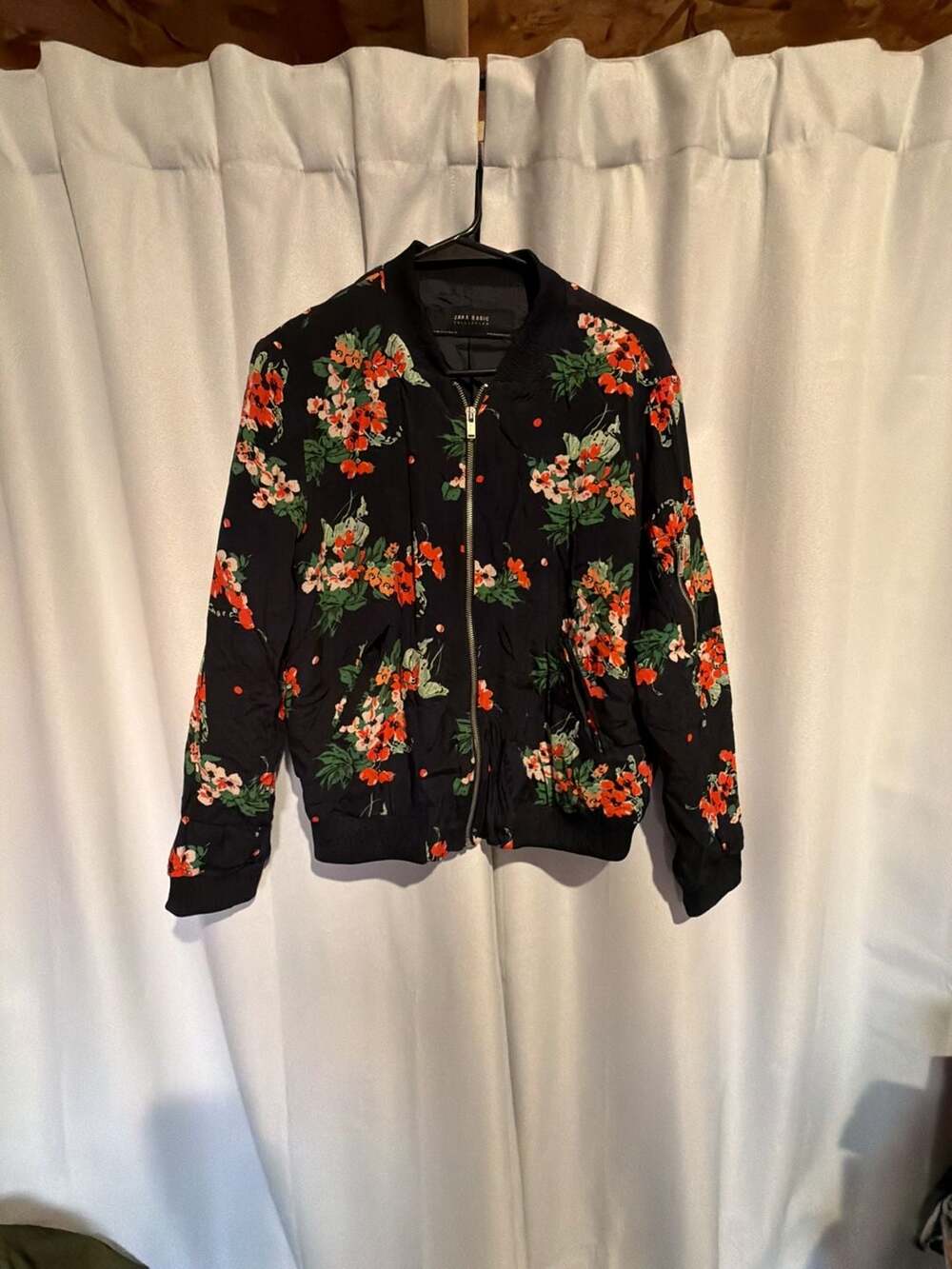 Zara Basic Floral Bomber Jacket Size M Navy Blue